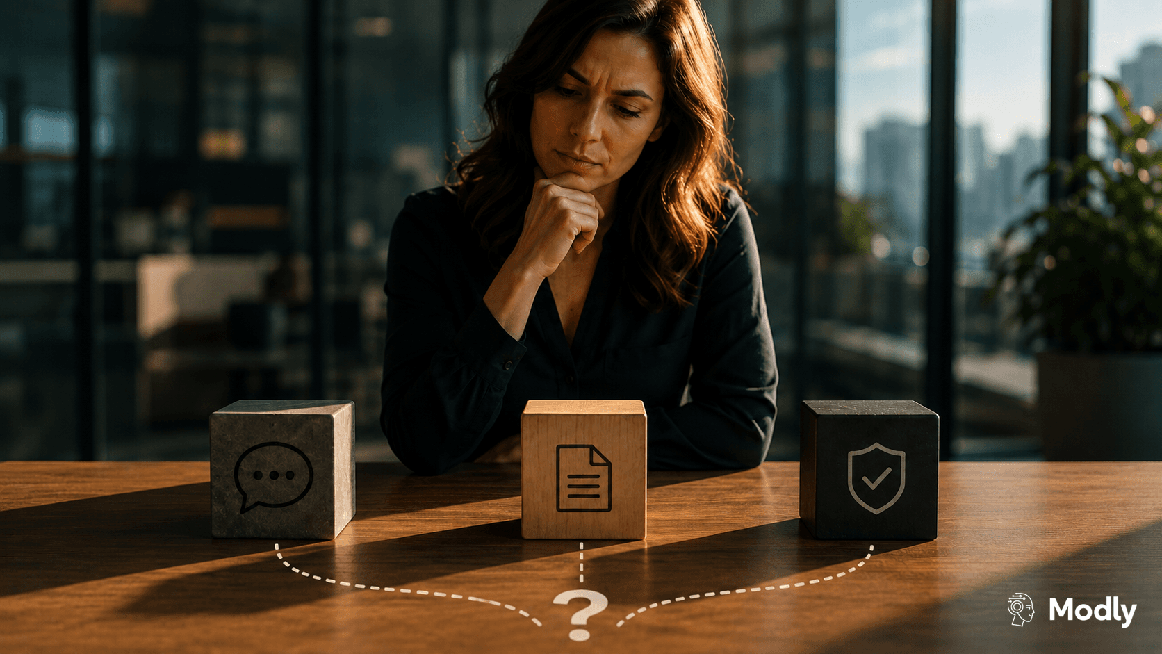 A person weighing three sources marked with a chat, a document, and a verified-shield icon, with dotted lines converging on a question mark